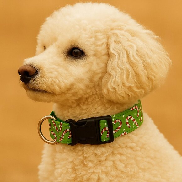 Christmas Dog Collar, Green Holiday Pet Collar, Candy Canes Cotton Collar Large - Picture 4 of 4